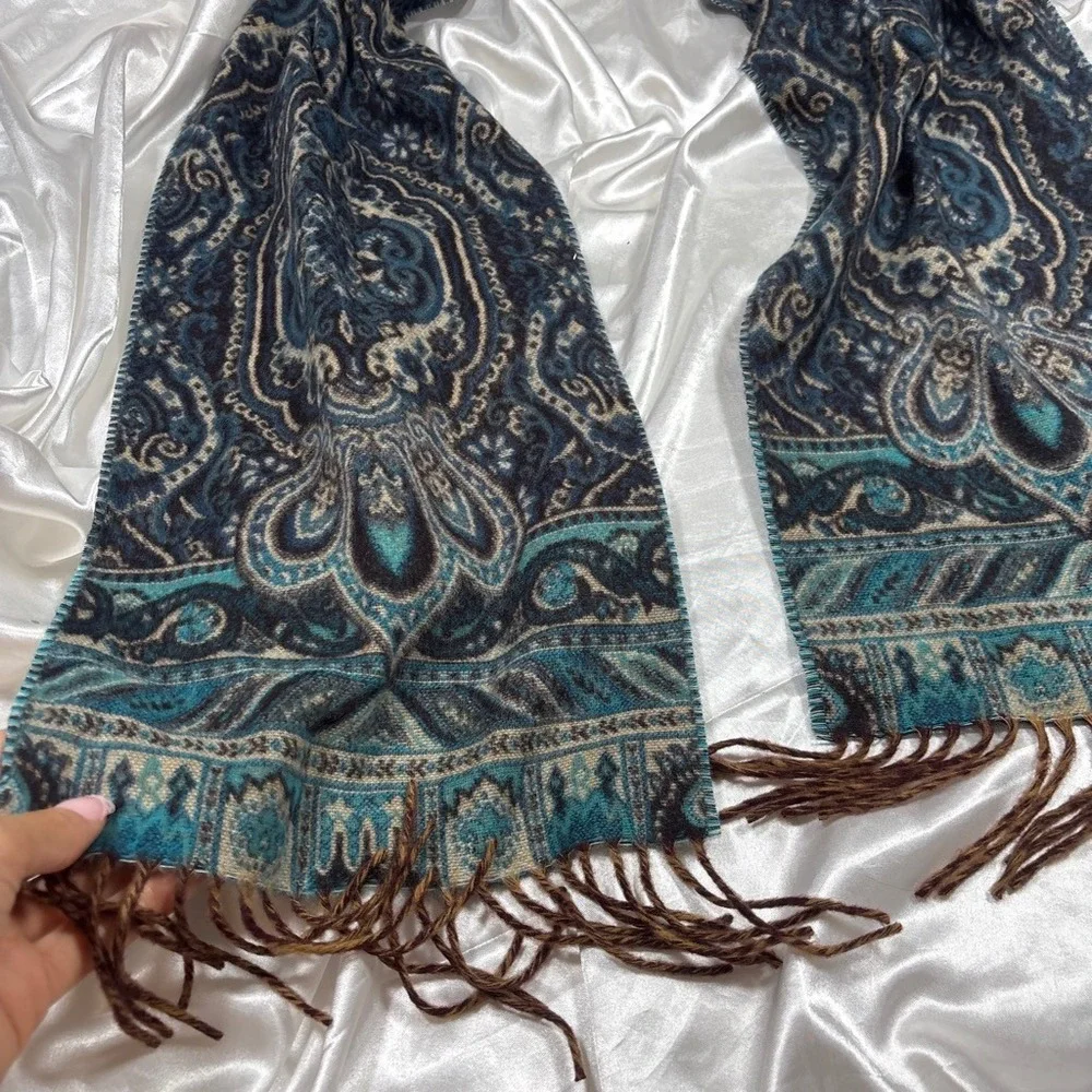 Vintage V. Fraas Paisley Scarf Blue Acrylic Fringe Made in Germany